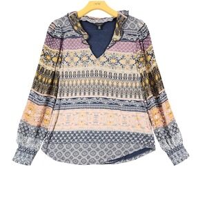 Lucky Brand Womens Small Boho Mixed Print Ruffle V-Neck Blouse Smocked Cuff Navy